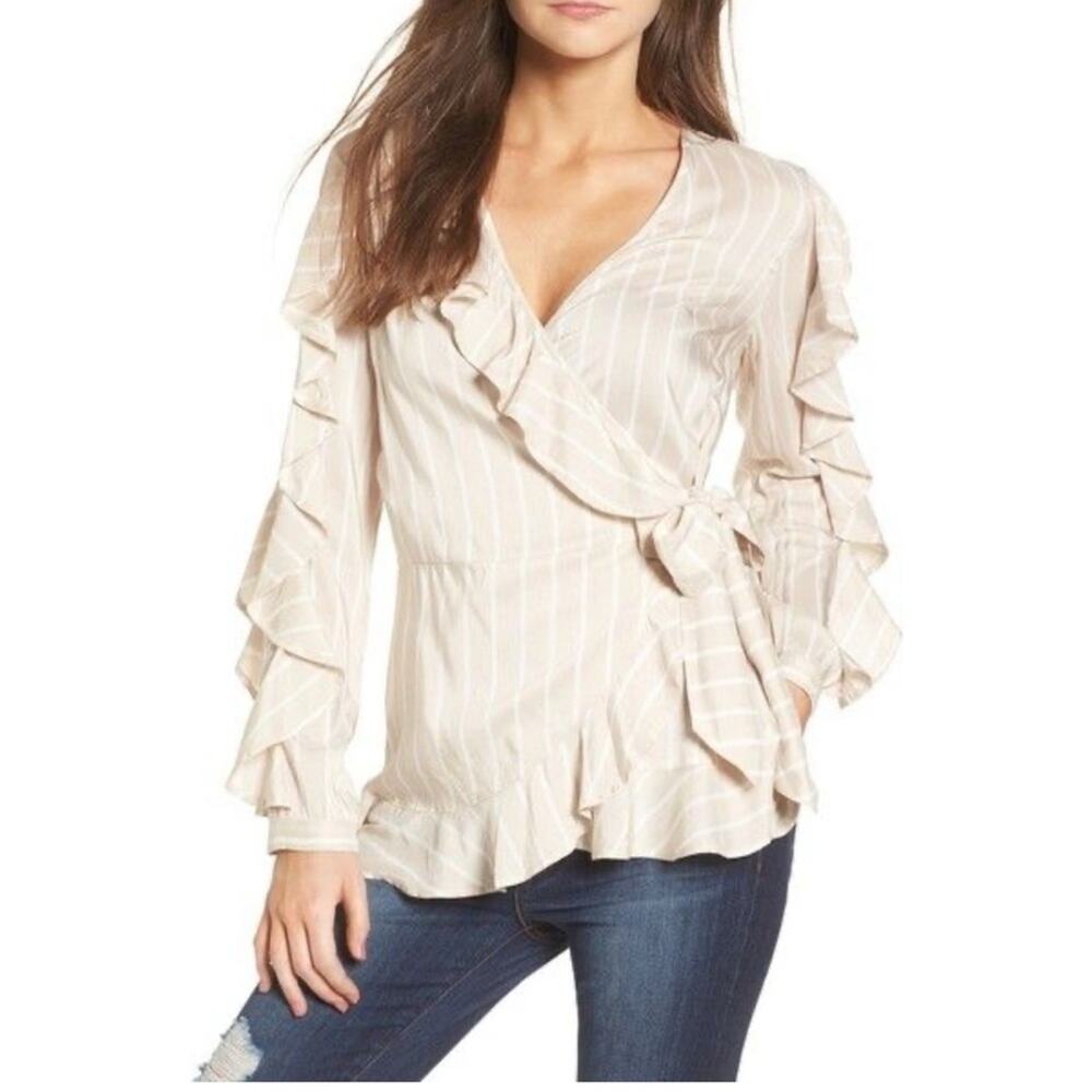LEITH Ruffled Striped Long Sleeve Wrap Victorian Peasant Style Blouse Neutral S